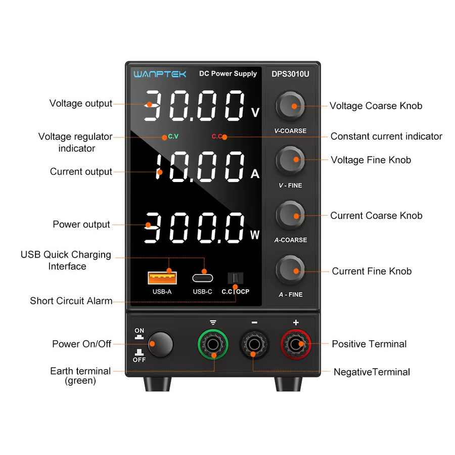 Wanptek Labornetzteil DPS3010U DC Netzteil mit digitaler Ziffernanzeige, einstellbarer Spannung und Stromstärke, Schwarz - Bild 5