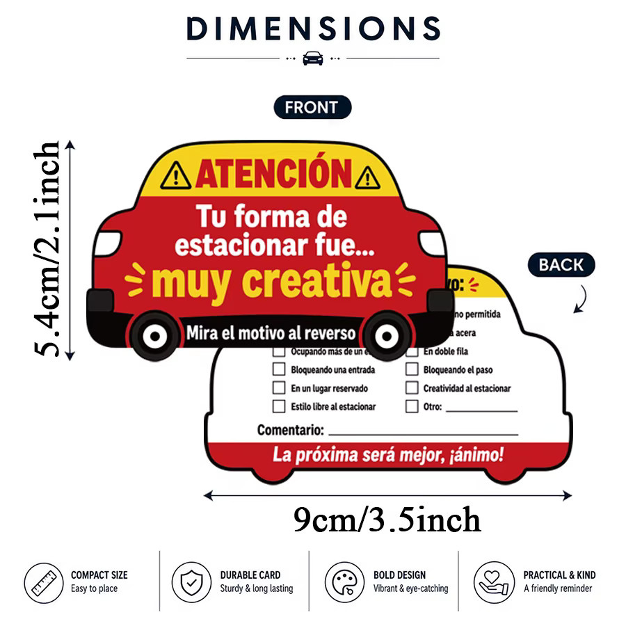 100 Stück Spanische Parkhinweiskarten in Auto-Form, doppelseitige humorvolle Warnhinweise für dein Fahrzeug, Mehrfarbig - Bild 2
