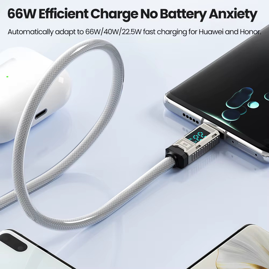 Toocki USB-C Schnellladekabel 66W mit digitaler Anzeige in Weiß - Bild 2