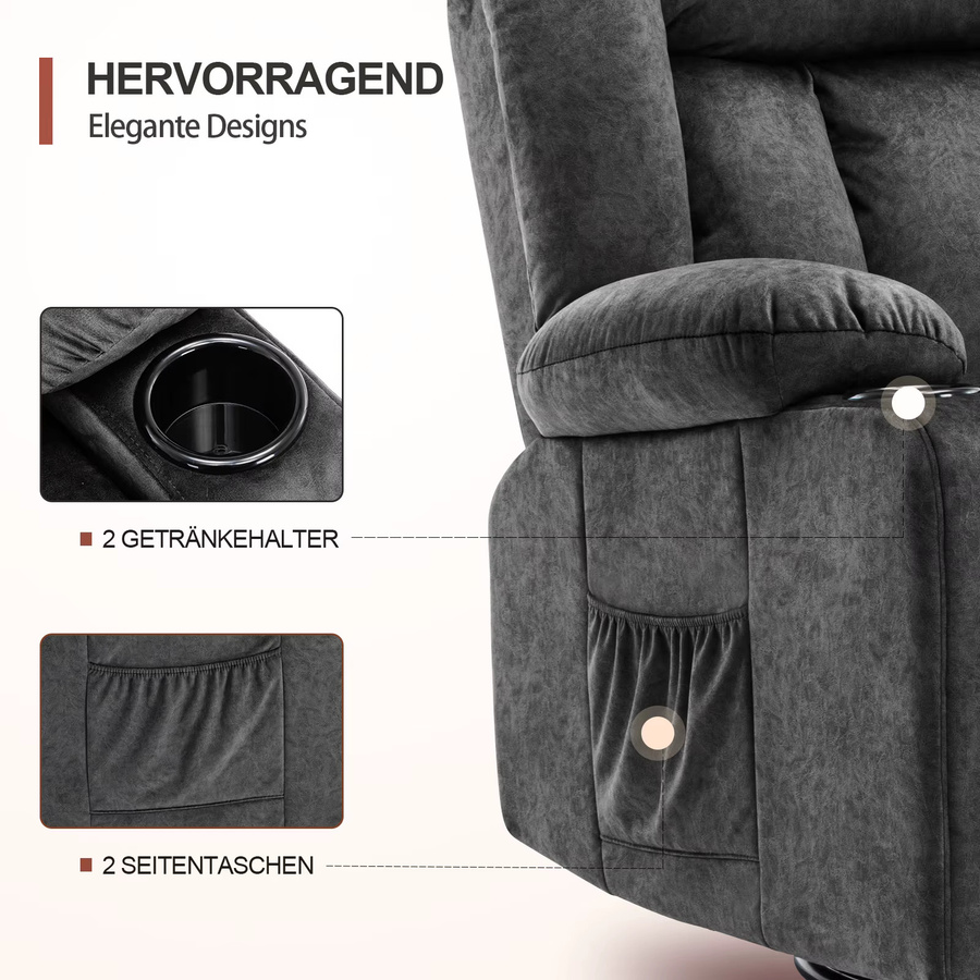 COMHOMA Relaxsessel mit einziehbarer Fußstütze und 2 Getränkehaltern, verstellbare Rückenlehne 90°-160°, Lounge-Sessel aus Stoff in Schwarz oder Grau - Bild 4