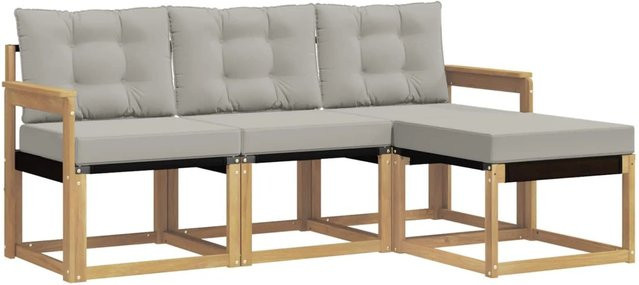 vidaXL Outdoor-Sofagarnitur 4-teilig aus Akazienholz und Textilene in Weiß-Hellgrau mit Kissen - Bild 1
