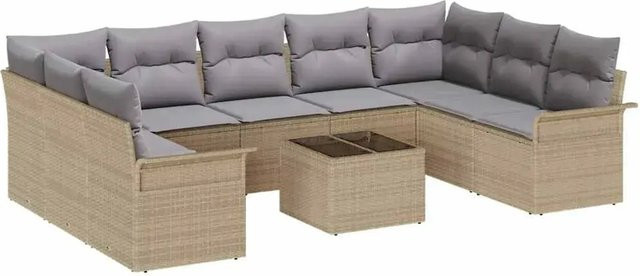 vidaXL Garten-Sofa-Set aus Polyrattan mit Kissen in Beige-grau, 10-teilig - Bild 1