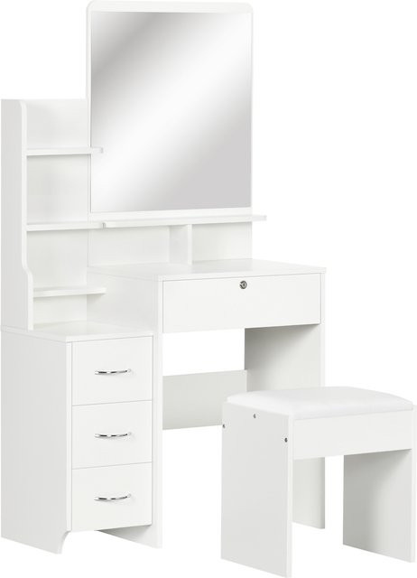 HOMCOM Schminktisch mit Hocker und Spiegel in Weiß, Frisiertisch mit Schubladen und Ablagen inklusive Anti-Kipp-Schutz, B/T/H: 80 x 38 x 143 cm - Bild 1