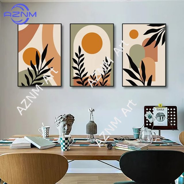 AZNM Wandkunst Set aus 3 Stück: Abstrakte Leinwandgemälde mit botanischen Blättern und geometrischen Linien in Orange im Boho-Stil - Bild 1