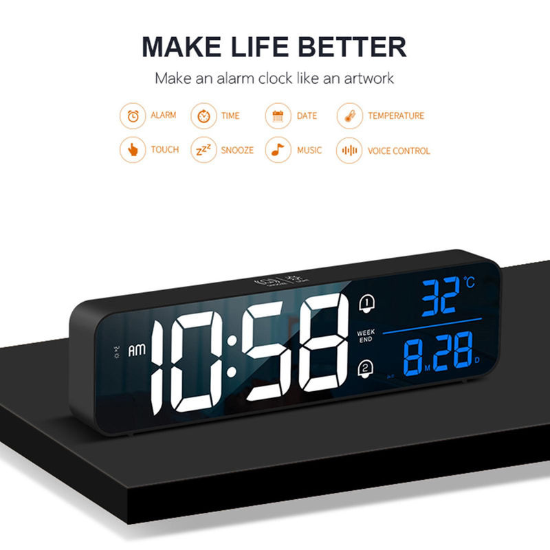 Tooarts Digitaler LED Wecker mit Thermometer, Datumsanzeige und Schlummerfunktion, Wandmontage, Kunststoff, Schwarz/Silber/Weiß - Bild 3