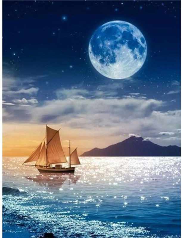 FIYO Diamond Painting 5D Landschaft mit Mond und Boot in Blau, B/H: 20 x 30 cm - Bild 1