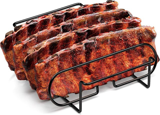 LMETJMA BBQ-Rippenständer aus emailliertem Stahl für Gasgrills, Schwarz/Silber, B/T/H: 31,3 x 25,3 x 7,3 cm - Bild 1