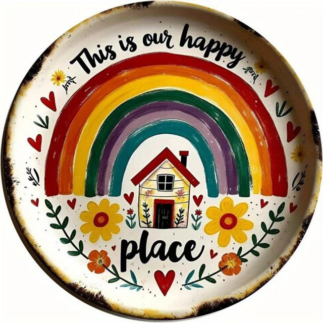 CIFBUY Retro-Metallschild This Is Our Happy Place, runde Wandkunst mit floralem Design und Typografie, Mehrfarbig, Durchmesser: 20 cm - Bild 1