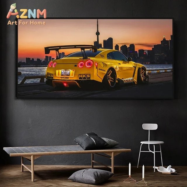 AZNM Rastar Nissan GT-R R35 Wandkunstdruck Gelb, ungerahmtes Leinwandposter mit modifiziertem Supersportwagen und Toronto City Skyline - Bild 1