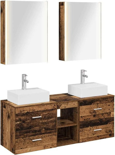 vidaXL Badezimmermöbel-Set 5-teilig aus Altholz und Glas in Braun mit LED-Beleuchtung und Spiegelschrank - Bild 1