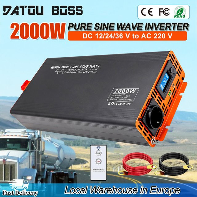 DATOUBOSS Wechselrichter 2000W Reiner Sinus DC 12V/24V/36V auf AC 220V Stromwandler mit USB Typ C und LCD in Schwarz - Bild 1