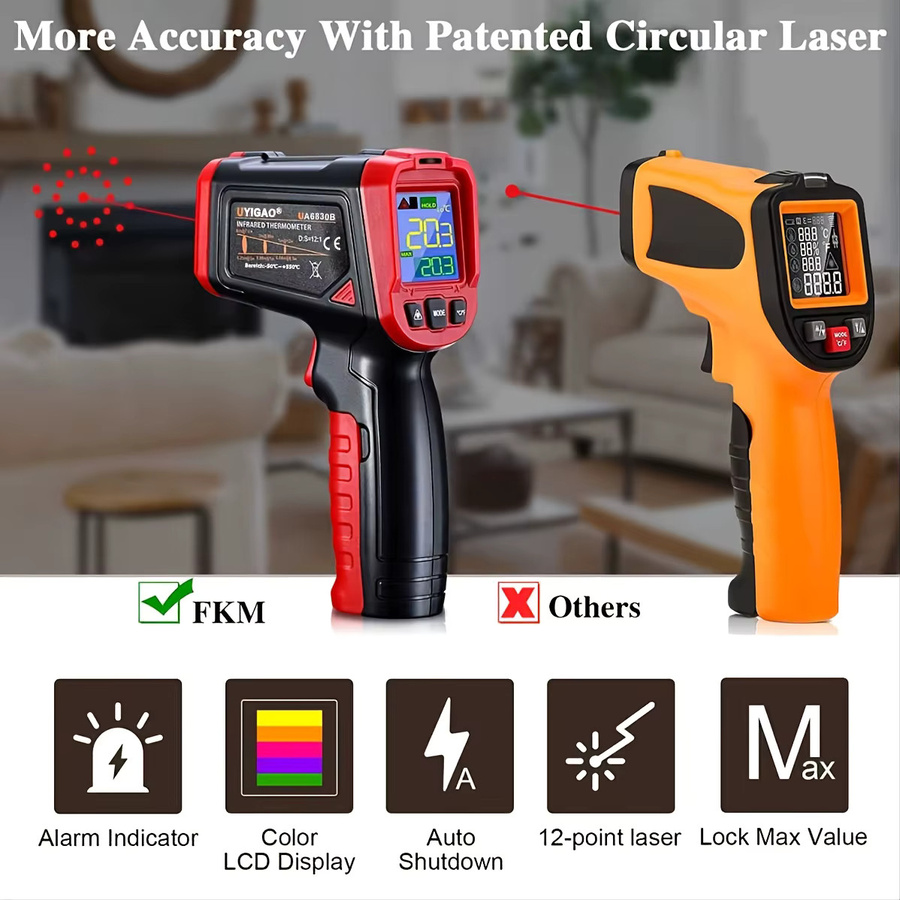 UYIGAO Infrarot-Thermometer Laser-Temperaturpistole mit Hintergrundbeleuchtung und einstellbarem Emissionsgrad in Schwarz - Bild 2