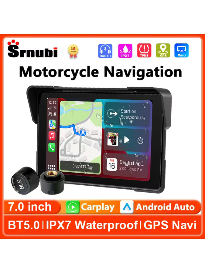 srnubi Motorrad-GPS-Navigation mit 7 Zoll Touchscreen, kabelloses CarPlay und Android Auto, TPMS-Unterstützung, Dual-Bluetooth, wasserdicht nach IPX7, Schwarz - Bild 6