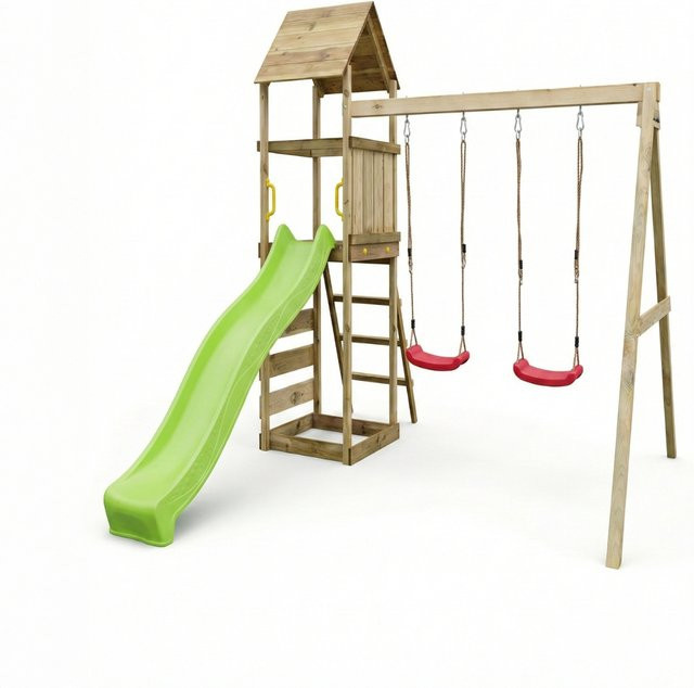 MaxPlay Holzklettergerüst mit Spielturm, Doppelschaukel, Rutsche und Holzdach in Rot und Mehrfarbig - Bild 1