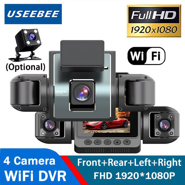 USEEBEE 4-Kamera-Dashcam mit WLAN, 1080P Full HD Videorekorder für Front- und Rückansicht, 360 Grad Sicht und Nachtsicht, Schwarz - Bild 1