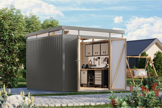 Karibu Holztechnik Metallgerätehaus Boldmere XXL im Set mit Anbaudach 2 m - Bild 1