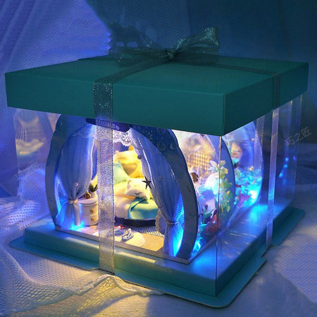 GSF DIY Holz Puppenhaus Miniatur Möbel Ozean Prinzessin Zimmer Rosa Kit mit LED Licht