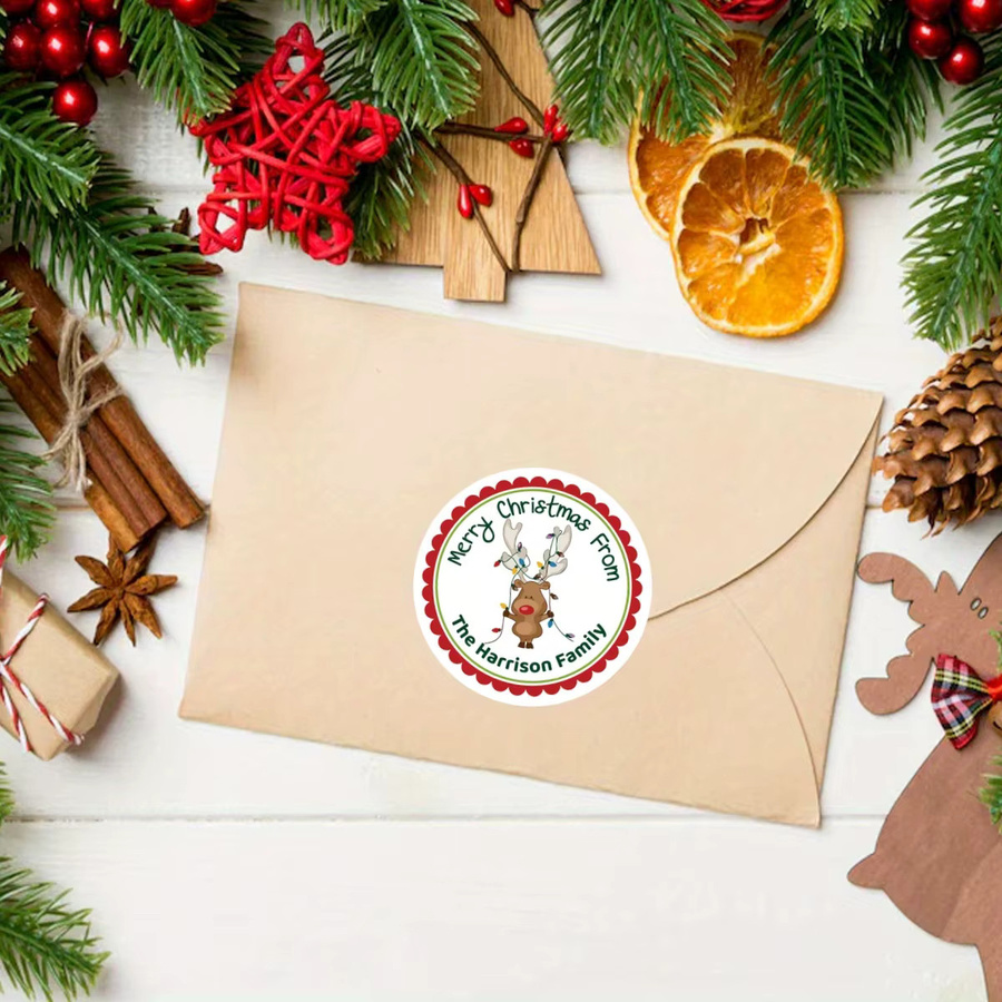 Personalisierte Rentier-Weihnachtsaufkleber Harrison Family Merry Christmas runde Etiketten aus Papier, Mehrfarbig, Durchmesser: 4 cm bis 7 cm - Bild 5