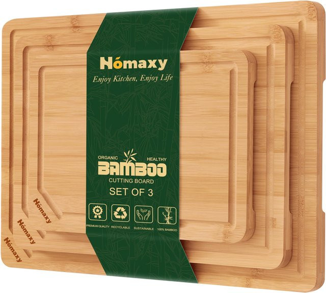 Homaxy Bio-Bambus-Schneidebretter-Set, 3er-Set quadratisch in Braun mit Saftrille und Griffen - Bild 1