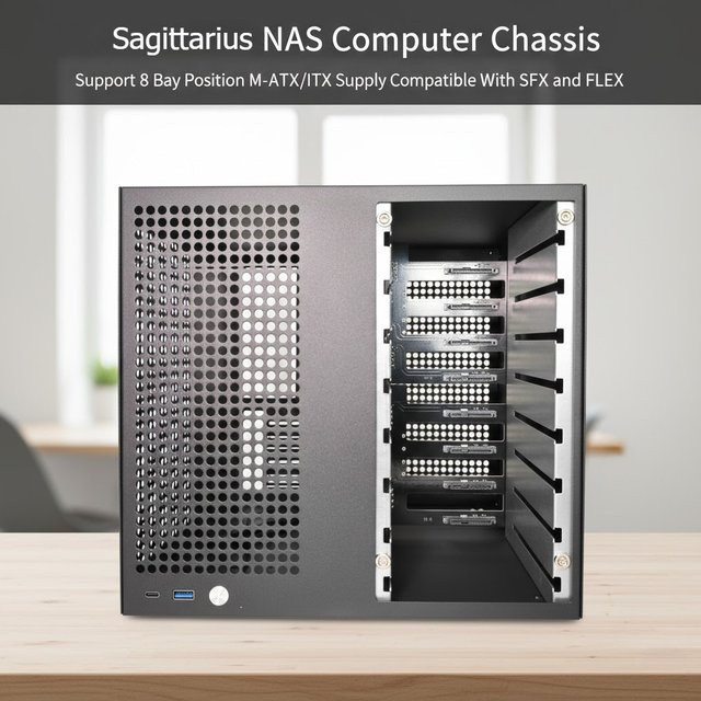 Sagittarius NAS-Computergehäuse in Schwarz für M-ATX und ITX mit 8 Einschubpositionen, kompatibel mit SFX und FLEX Netzteilen - Bild 1