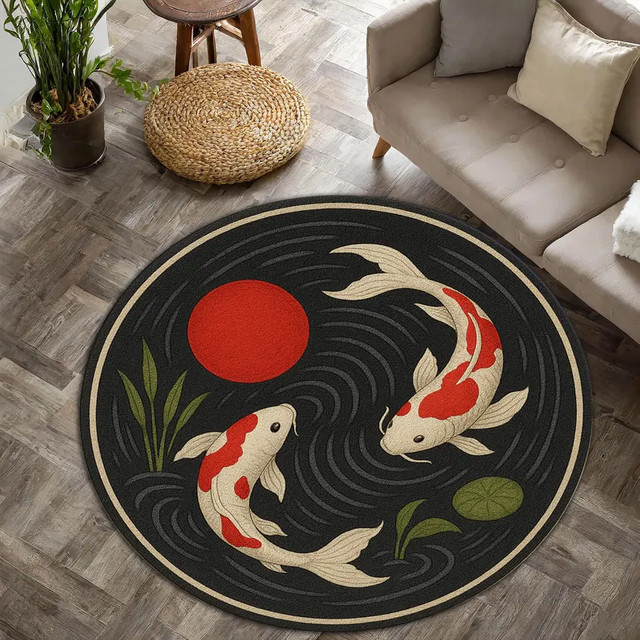 Runder Teppich mit Japanischem Koi-Fisch Design in Schwarz für dein Wohnzimmer oder Schlafzimmer - Bild 1