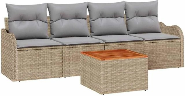 vidaXL Gartensofa-Set 5-teilig aus Poly-Rattan in Beige und Hellgrau mit Polsterkissen und Gartentisch - Bild 1