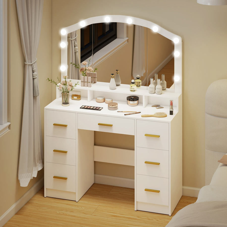 HOMCOM Schminktisch mit Spiegel und 10 LED-Leuchten in 3 Farben, moderner Make-up-Tisch mit 7 Schubladen und 3 Fächern, Weiß/Gold - Bild 2