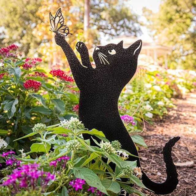 Dekorativer Katzen Erdspieß aus Metall in Schwarz für Garten und Balkon - Bild 1
