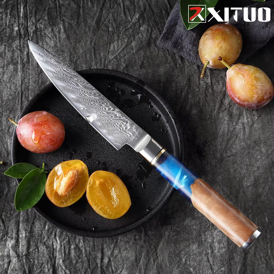 Xituo Allzweckmesser aus Damaststahl mit blauem Harzgriff, Klingenlänge: 12,7 cm - Bild 6