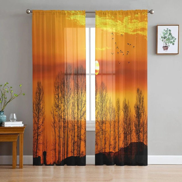 Luxuriöser Tüll-Fenstervorhang von A Family Of Home Textiles mit Sonnenuntergang-Wald-Vogel-Silhouette in Transparent und Orange, B/H: 135 x 114 cm, 2er-Set - Bild 1