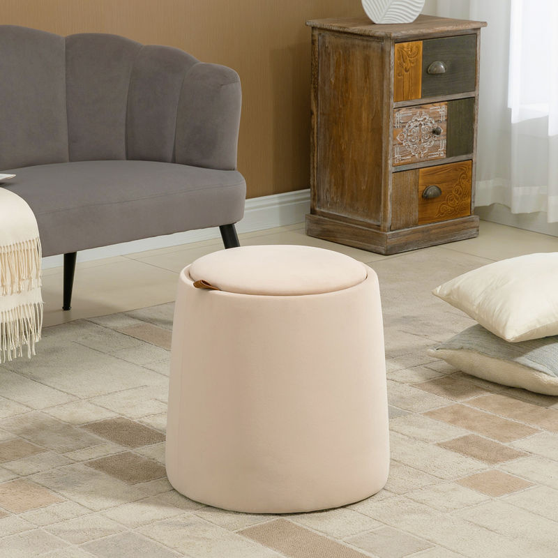 HOMCOM Ottomane runder Sitzhocker mit Stauraum in Beige Samtoptik mit abnehmbarem Deckel, Durchmesser: 44 cm, Höhe: 47,5 cm - Bild 2