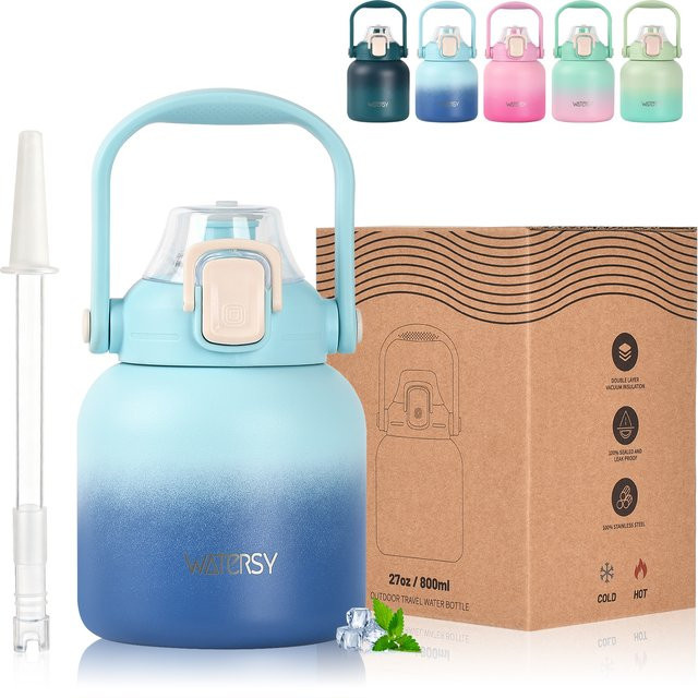 WATERSY Edelstahl-Wasserflasche in Blau, 800 ml, doppelwandiger vakuumisolierter Thermobecher mit Strohhalm und Griff - Bild 1