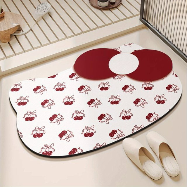 Rutschfeste Badezimmermatte mit Katzen-Bowknot und Kirschdruck, schnell absorbierend und schnell trocknend, Farbe: Weiß - Bild 1