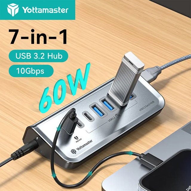 Yottamaster 7-Port USB 3.2 Dockingstation mit 10Gbps Datenübertragung und 60W PD Typ-C Anschluss für PC und Laptops - Bild 1