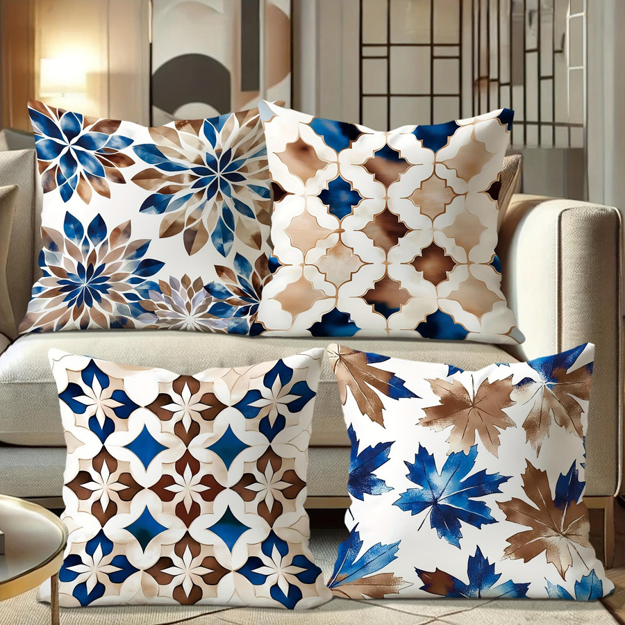 Tinika Chen Kissenbezug mit floralem und geometrischem Plüschdruck in Blau und Braun, B/H: 18 x 18 cm - Bild 2
