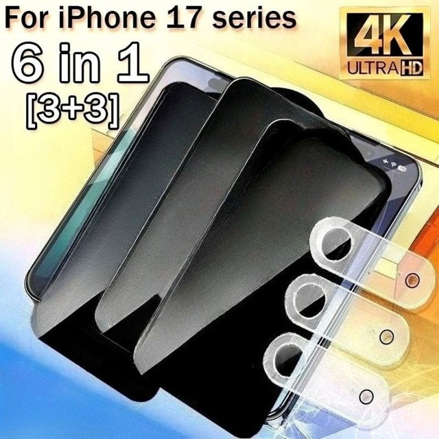 6-in-1 Anti-Spionage Displayschutzfolie und Kamera-Objektivfolie für Apple iPhone 17 16 15 14 13 12 11 Pro Max Plus 16e 17 Air in Transparent - Bild 1