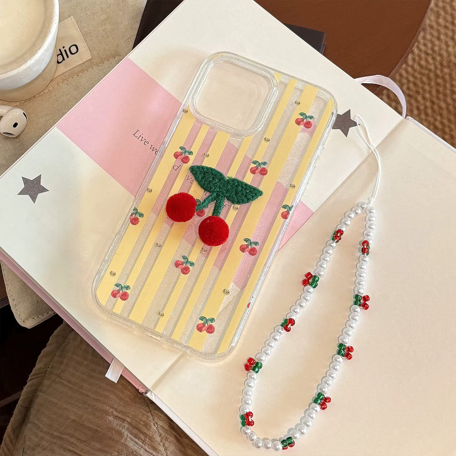 MUQGEW Handyhülle mit Umhängeband für iPhone 16 15 14 13 12 11 Pro Max, Koreanisches Design mit gestreiften Glitzer-3D-Kirschen, stoßfeste Schutzhülle - Bild 4