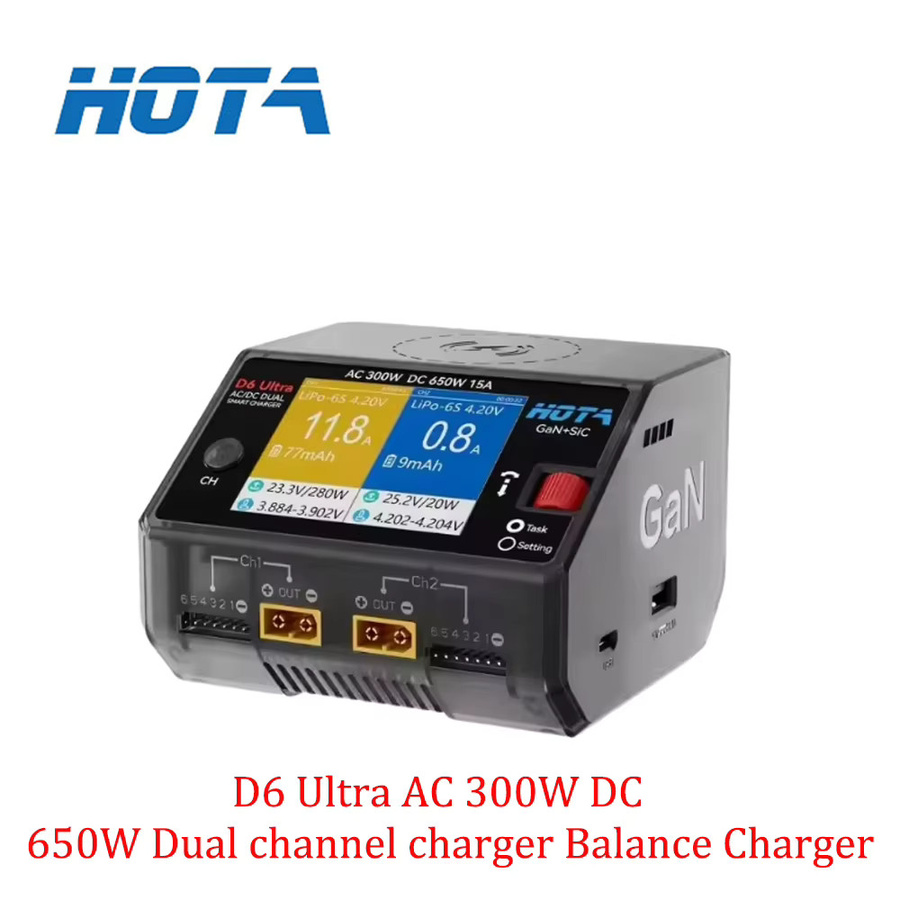 HOTA D6 Ultra AC/DC 650W GaN Tech Dual-Channel Smart-Ladegerät für 1-6S LiPo LiHV Li-ion FPV Drohnen RC Akku mit XT60 in Schwarz und Grau - Bild 3