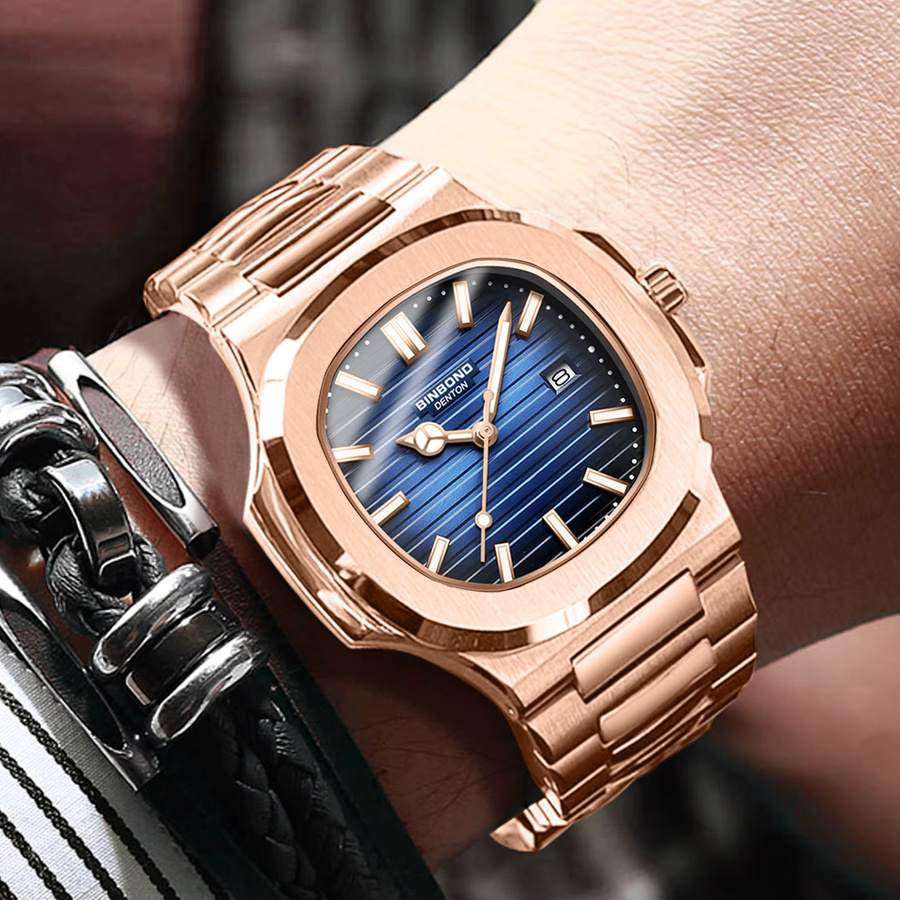 BINBOND Armbanduhr Quarz, Edelstahl, Blau, Roségold, Herren - Bild 6