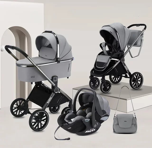 3in1 Hochlandschafts-Babywagen in Grau mit Sicherheitssitz, Babywanne und Wickeltasche, bidirektional und mit einem Knopf zusammenklappbar - Bild 1