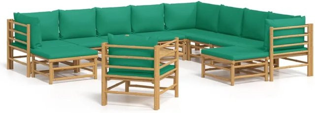 vidaXL 12-tlg Garten-Lounge-Set aus Bambus mit grünen Polsterkissen in L-Form - Bild 1