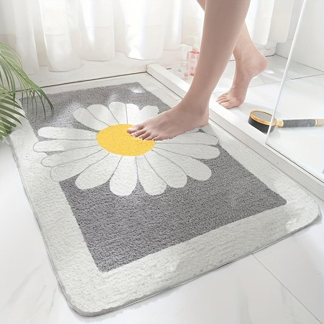 Flauschige Badematte mit Gänseblümchenmuster in Grau, saugfähig und rutschfest, B/B: 40 x 60 cm - Bild 1
