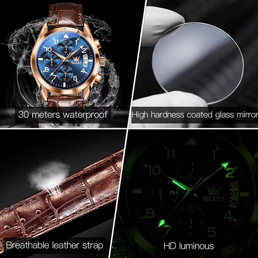 OLEVS Armbanduhr Quarz, Lederband, Blau, Herren - Bild 5