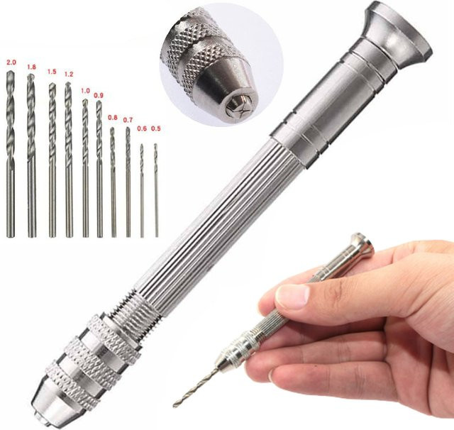 11-teiliges Mini-Handbohrwerkzeug-Set in Silber für Heimwerkerarbeiten und Modellbau mit Spiralbohrern von 0,8 bis 3,0 mm und Uhrmacher-Pin-Schraubstock - Bild 1