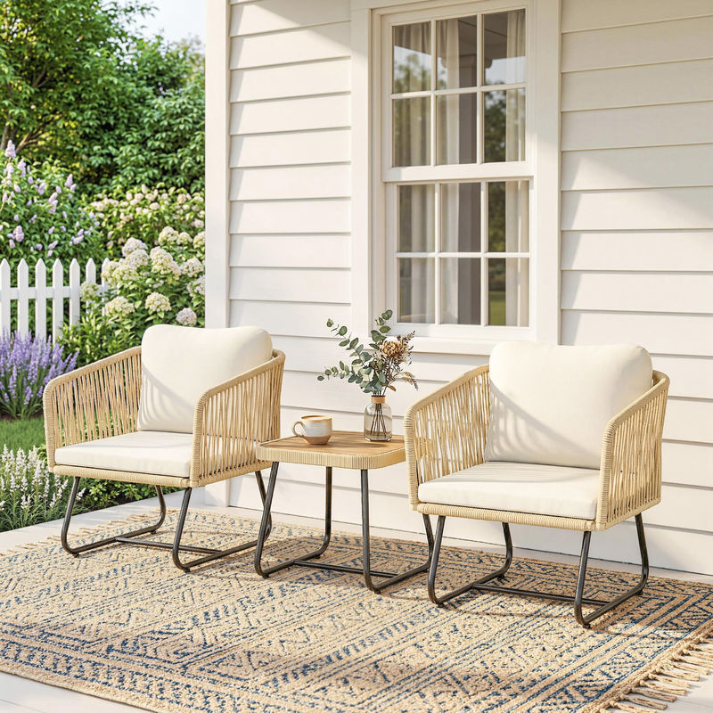 Outsunny Rattan Bistroset 3-teilig aus FSC Akazienholz mit 2 Sesseln und Lamellentisch in Cremeweiß - Bild 2