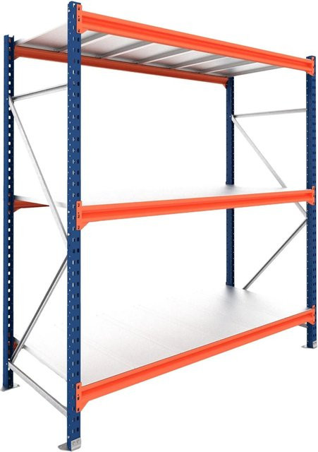 PROREGAL Schwerlastregal DOMINUS Weitspannregal mit 3 Ebenen und Stahlplatten-Fachböden, Blau/Orange, B/T/H: 200 x 100 x 195 cm - Bild 1