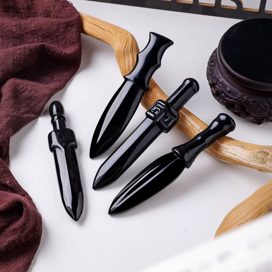 Runyangshi Ritualmesser aus schwarzem Obsidian als dekorativer Kristall-Dolch für okkulte Zwecke und Wohnkultur - Bild 2