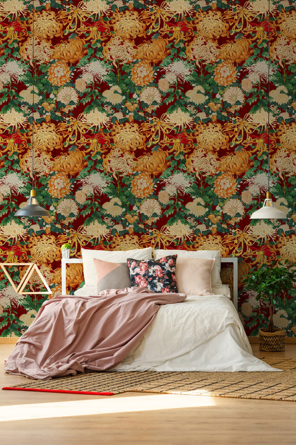 MINDTHEGAP Tapete Chrysanthemums in Rot, Orange und Multicolour mit floralem Art Nouveau Design - Bild 1