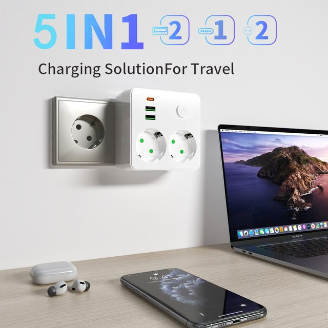 Weiße EU-Steckdosenleiste als Mehrfachsteckdose und Stromverteiler mit 2 USB-Anschlüssen, 1 Typ-C-Anschluss und 2500W Leistung - Bild 1