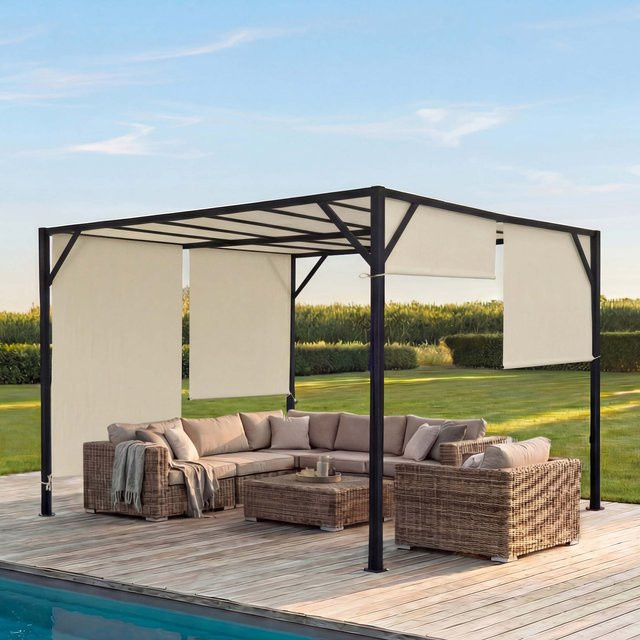 MCW Pergola Beja Garten Pavillon Terrassenüberdachung mit Schiebedach aus Stahl und Polyester, Farbe: Beige/Weiß, B/T: 400 x 400 cm - Bild 1